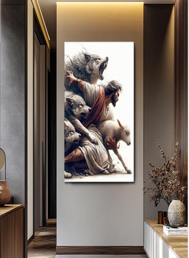 MALEDO Jesus and Lamb Canvas Wall Art Jesus Saves the Lost Sheep Christian Picture Wall Decor Shepherd Protect a Lamb from Wolves Painting Poster Print Artwork for Living Room Bedroom Church Decor - Image 2