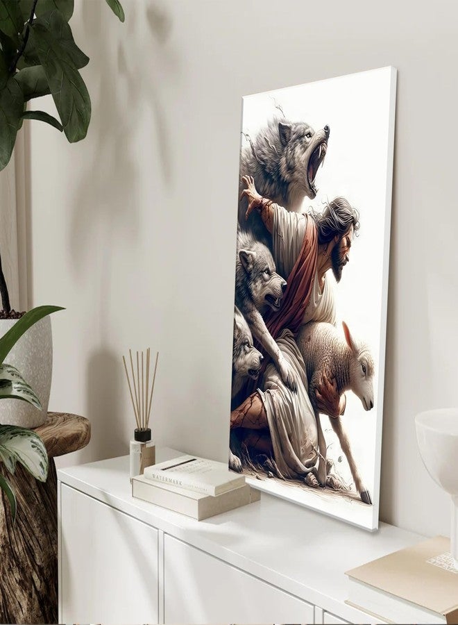 MALEDO Jesus and Lamb Canvas Wall Art Jesus Saves the Lost Sheep Christian Picture Wall Decor Shepherd Protect a Lamb from Wolves Painting Poster Print Artwork for Living Room Bedroom Church Decor - Image 4