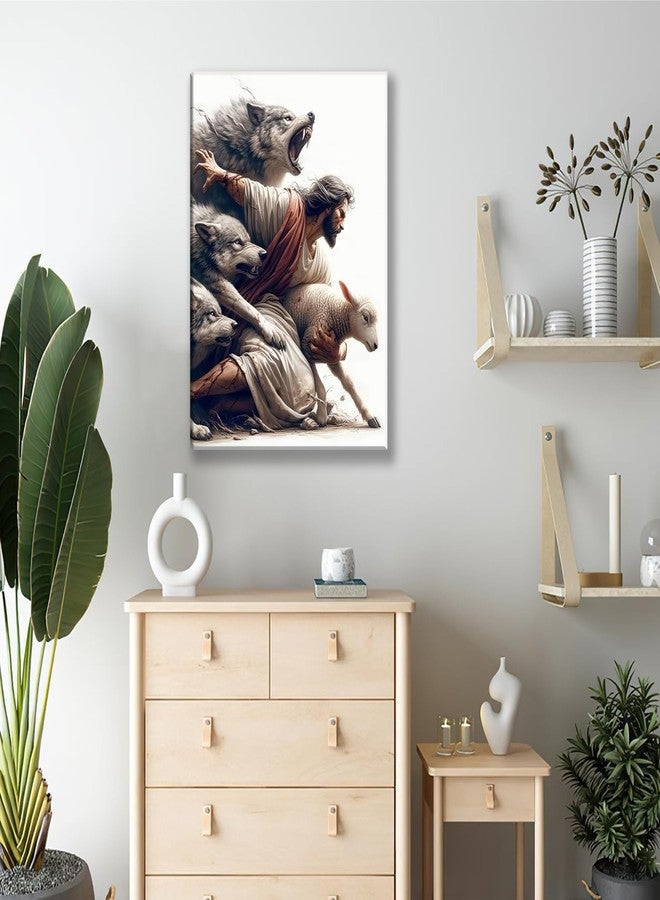 MALEDO Jesus and Lamb Canvas Wall Art Jesus Saves the Lost Sheep Christian Picture Wall Decor Shepherd Protect a Lamb from Wolves Painting Poster Print Artwork for Living Room Bedroom Church Decor - Image 3