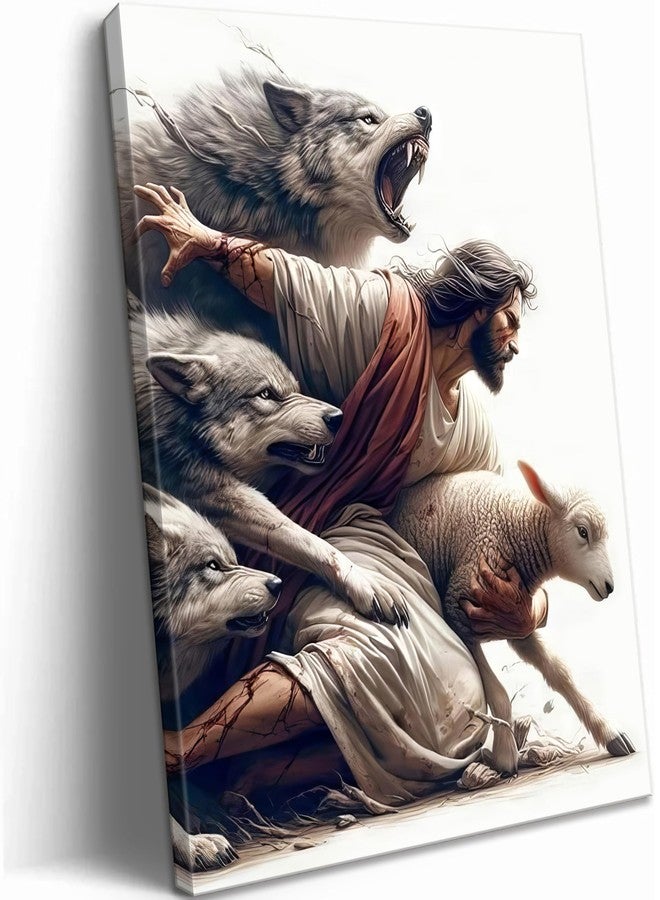 MALEDO Jesus and Lamb Canvas Wall Art Jesus Saves the Lost Sheep Christian Picture Wall Decor Shepherd Protect a Lamb from Wolves Painting Poster Print Artwork for Living Room Bedroom Church Decor - Image 1