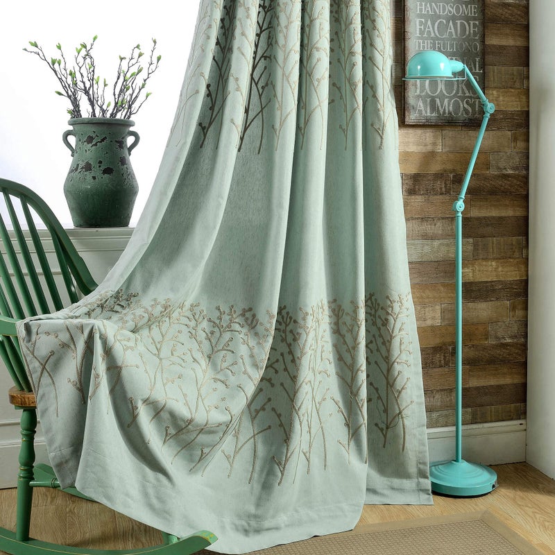 VOGOL 2 Panels Branch Embroidered Faux Linen Grommet Curtains Drapes for Bedroom/Living Room, Energy Efficient Window Treatment Panels, 52 x 63 Inch - Image 1