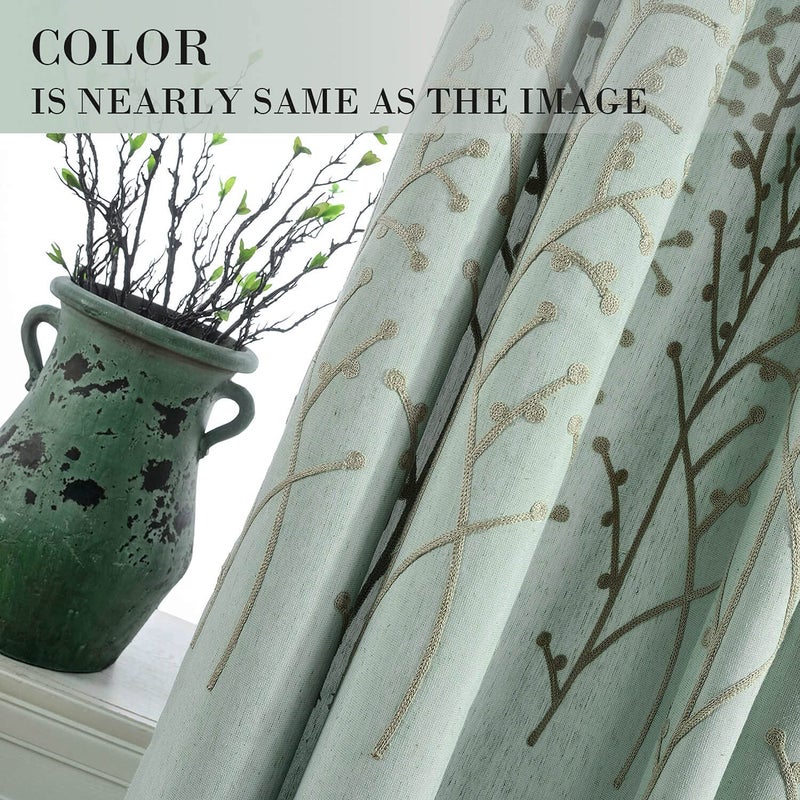 VOGOL 2 Panels Branch Embroidered Faux Linen Grommet Curtains Drapes for Bedroom/Living Room, Energy Efficient Window Treatment Panels, 52 x 63 Inch - Image 3