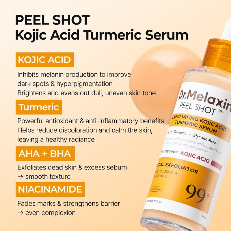 Dr. Melaxin Dr.Melaxin Peel Shot Kojic Acid Turmeric Serum – Exfoliating Dark Spot Corrector with AHA/BHA & Niacinamide, Brightening & Even Tone Facial Serum (80ml / 2.70 fl oz) - Image 5