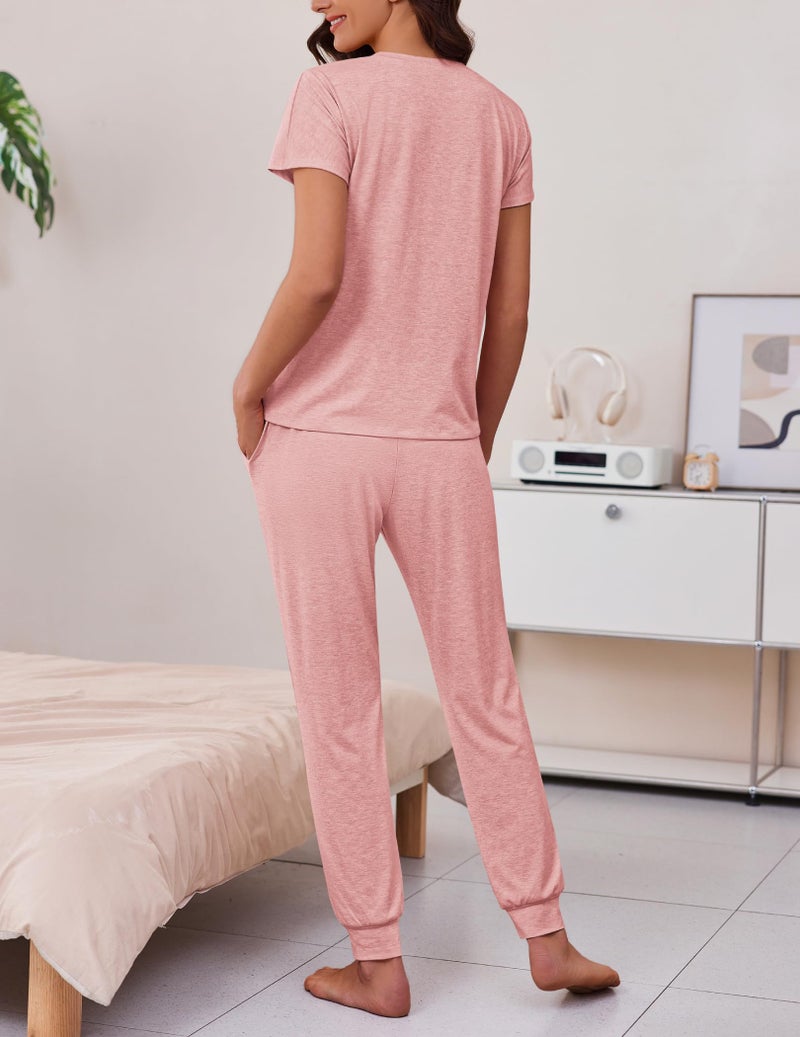 Ekouaer 2 pack Pajama Sets for Womens Jogger Pants Pjs Short Sleeves Lounge Set Soft Sleepwear with Pockets Grey and Pink XL - Image 5