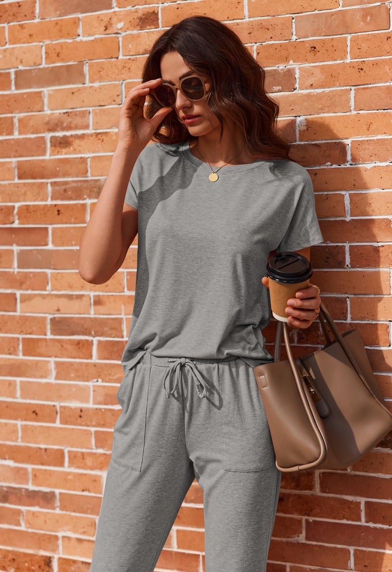 Ekouaer 2 pack Pajama Sets for Womens Jogger Pants Pjs Short Sleeves Lounge Set Soft Sleepwear with Pockets Grey and Pink XL - Image 2