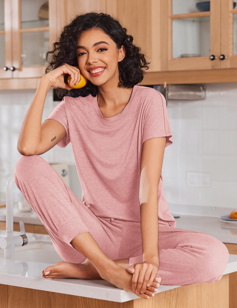 Ekouaer 2 pack Pajama Sets for Womens Jogger Pants Pjs Short Sleeves Lounge Set Soft Sleepwear with Pockets Grey and Pink XL - Image 3