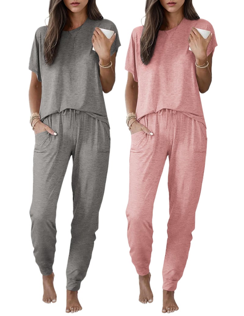 Ekouaer 2 pack Pajama Sets for Womens Jogger Pants Pjs Short Sleeves Lounge Set Soft Sleepwear with Pockets Grey and Pink XL - Image 1