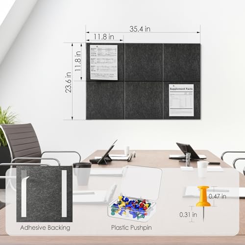 MaxGear Large Cork Board for Wall 36" x 24", Dark Gray Bulletin Board, 6 Pack Felt Wall Tiles with Pushpins, Cork Boards for Office Pin Board Tack Board Cork Boards - Image 4