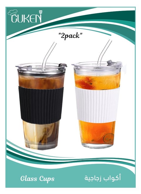 Glass Coffee Cup with Straw 2 pieces, with Lid, Premium Can Shaped, Reusable Iced Coffee Glasse Tumbler Travel Cup, Leakproof Mug with Straw for Milk Juice (Black, white)