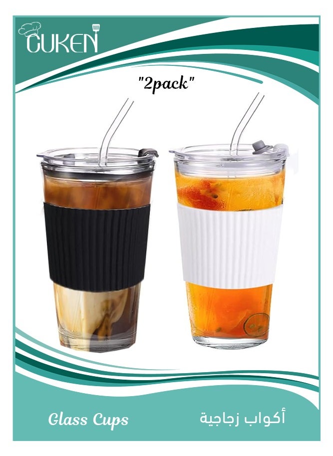 Glass Coffee Cup with Straw 2 pieces, with Lid, Premium Can Shaped, Reusable Iced Coffee Glasse Tumbler Travel Cup, Leakproof Mug with Straw for Milk Juice (Black, white)