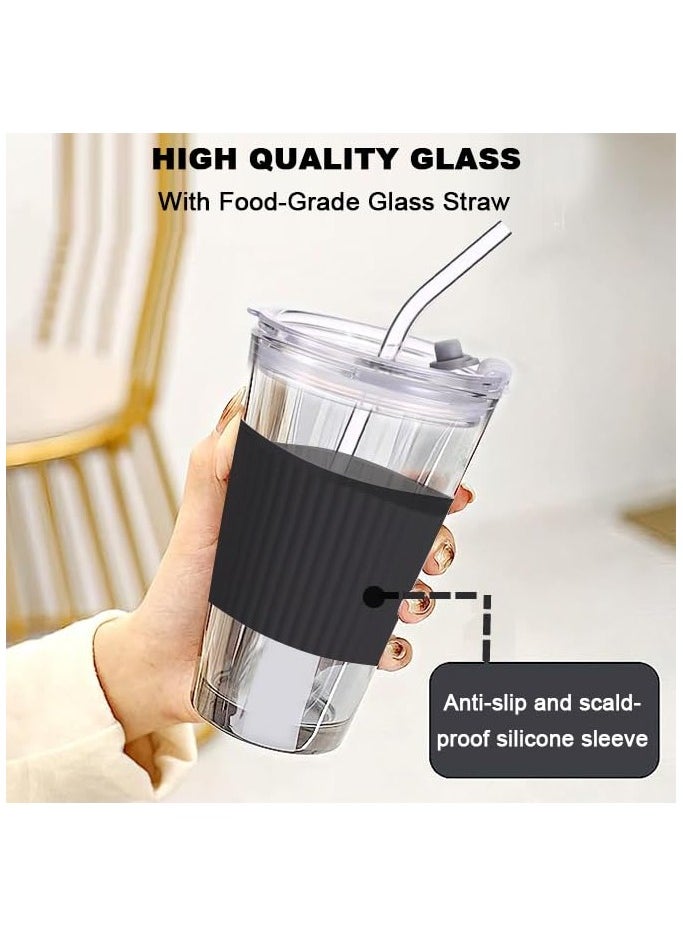 Glass Coffee Cup with Straw 2 pieces, with Lid, Premium Can Shaped, Reusable Iced Coffee Glasse Tumbler Travel Cup, Leakproof Mug with Straw for Milk Juice (Black, white)