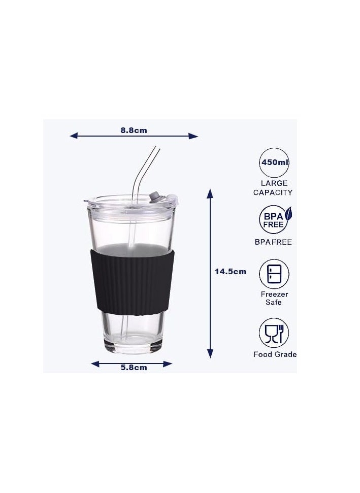 Glass Coffee Cup with Straw 2 pieces, with Lid, Premium Can Shaped, Reusable Iced Coffee Glasse Tumbler Travel Cup, Leakproof Mug with Straw for Milk Juice (Black, white)