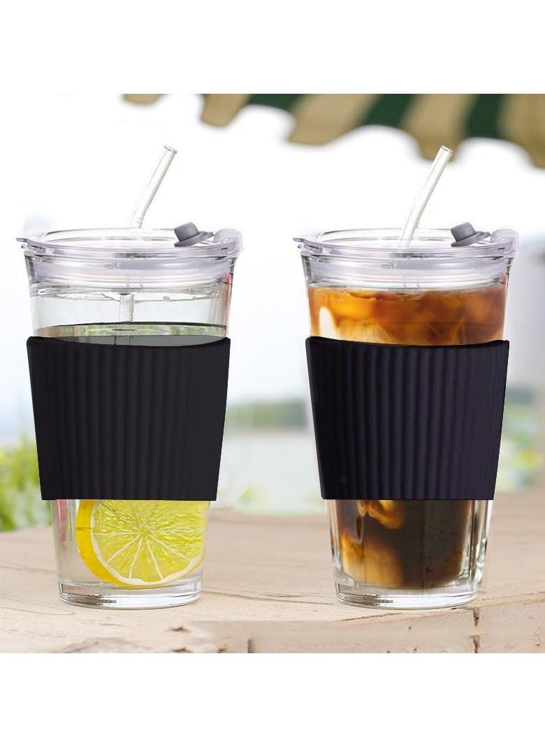 Glass Coffee Cup with Straw 2 pieces, with Lid, Premium Can Shaped, Reusable Iced Coffee Glasse Tumbler Travel Cup, Leakproof Mug with Straw for Milk Juice (Black, white)