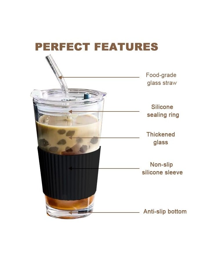 Glass Coffee Cup with Straw 2 pieces, with Lid, Premium Can Shaped, Reusable Iced Coffee Glasse Tumbler Travel Cup, Leakproof Mug with Straw for Milk Juice (Black, white)