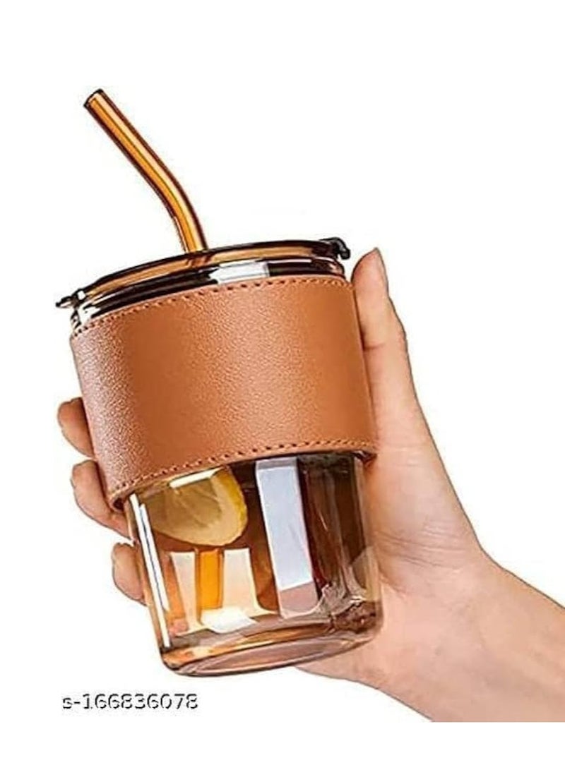 كوب زجاج بايركس بكفر جلد شيك مزود بشاليموه زجاج 450 ملي، شفاف - Image 2