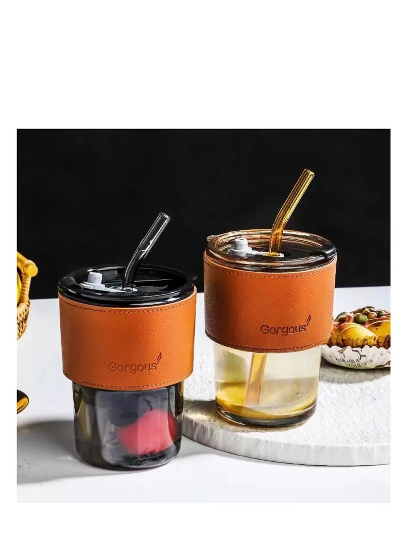 كوب زجاج بايركس بكفر جلد شيك مزود بشاليموه زجاج 450 ملي، شفاف - Image 3