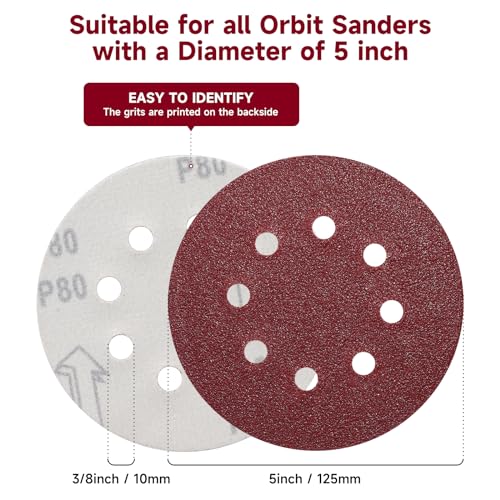POTUINOM 100 PCS 5 Inch Sanding Discs 80 Grit, Round Hook and Loop Sandpaper for Random Orbital Sander - Image 2