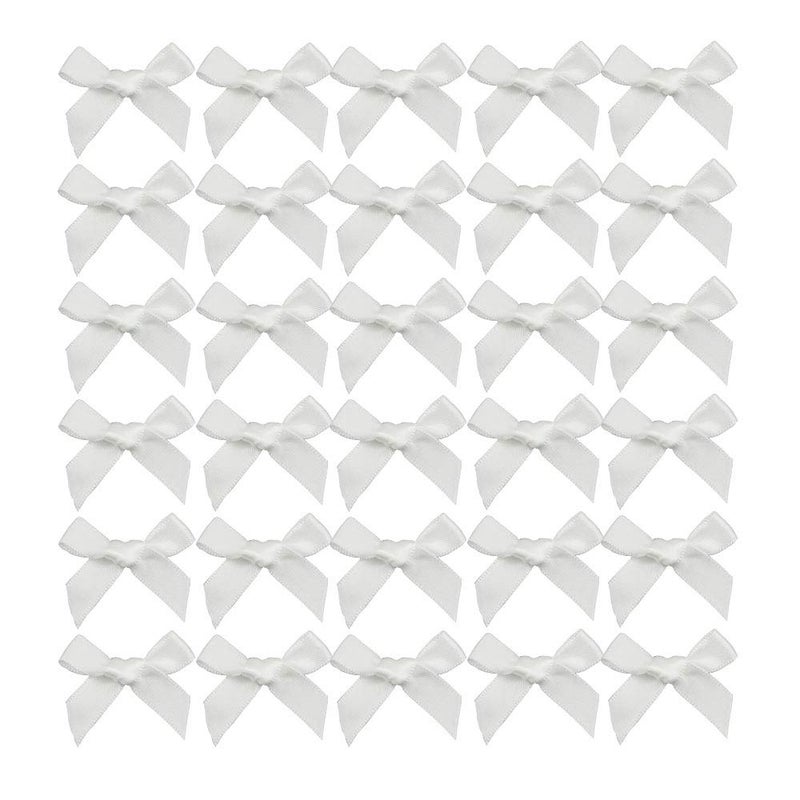 7Rainbows 50pcs Boutique Mini White Satin Ribbon Bows Appliques DIY Craft for Sewing Scrapbooking Wedding and Gift