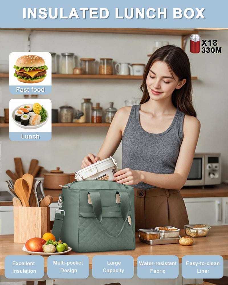 Capolo Insulated Lunch Box for School - Large Thermal Lunch Bag Women with Removable Shoulder Strap, Reusable Lunch Cooler Tote Bags Purse for Adults Work, Picnic, Hiking, Beach, Travel, LargeGreen - Image 2