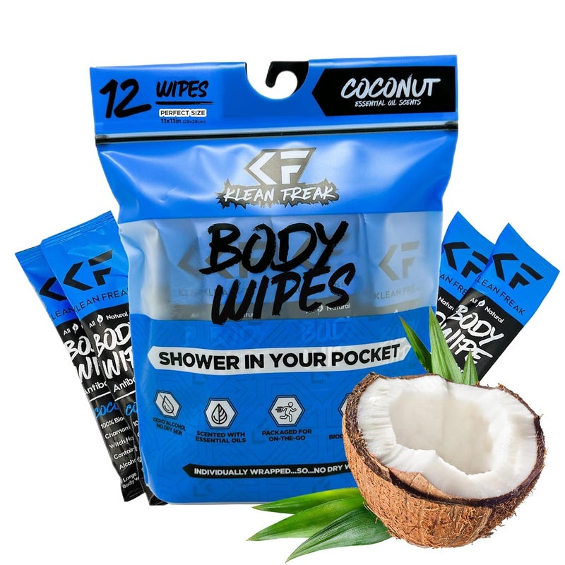 The Klean Freak Body Wipes 12 count Individually Wrapped Showerless Body Wipe for Women Men Sustainable Bodywipes for Gym Travel Camping Coconut