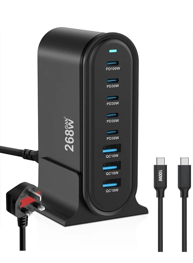 X-level 268W USB C Charger Charging Station 8-in-1 - 4 Type-C Ports (100W, 4x 30W) and 3 USB Ports (QC18W) - GaN Technology - Certified for MacBook Air/Pro, DELL, iPhone, iPad, Samsung, Travel Home Office Use- 1m Power Cord - Image 1