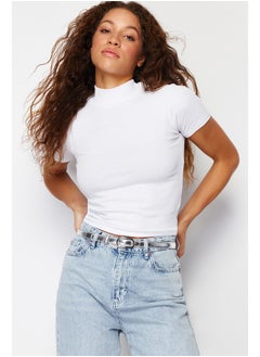 White Fitted High Collar Crop Ribbed Stretchy Knitted Blouse TWOSS21BZ0780