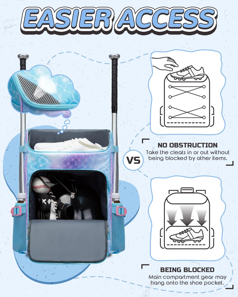 FOKDUVB Baseball Softball Equipment Bag for Boys Girls Ages 8-12 10-12 12-14 Large Kids Youth Bat Bag Backpack with Ventilated Shoe Compartment Baseball Softball Stuff Supplies (Light Blue, Mermaid) - Image 3