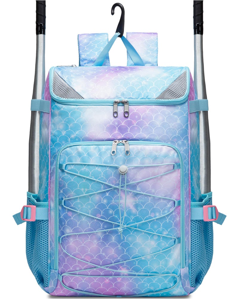 FOKDUVB Baseball Softball Equipment Bag for Boys Girls Ages 8-12 10-12 12-14 Large Kids Youth Bat Bag Backpack with Ventilated Shoe Compartment Baseball Softball Stuff Supplies (Light Blue, Mermaid) - Image 1