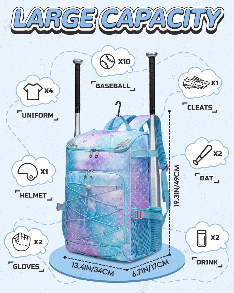 FOKDUVB Baseball Softball Equipment Bag for Boys Girls Ages 8-12 10-12 12-14 Large Kids Youth Bat Bag Backpack with Ventilated Shoe Compartment Baseball Softball Stuff Supplies (Light Blue, Mermaid) - Image 2