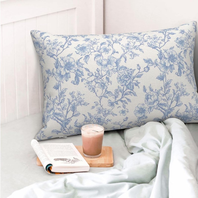 GOLIANDA Baby Blue Pillow Covers 12x20 Inch Set of 2 Blue and Cream Floral Chinoiserie Throw Pillows Vintage Rustic Toile Flower Decorative Pillowcase Outdoor Lumbar Cushion Case for Couch Sofa Decor - Image 3