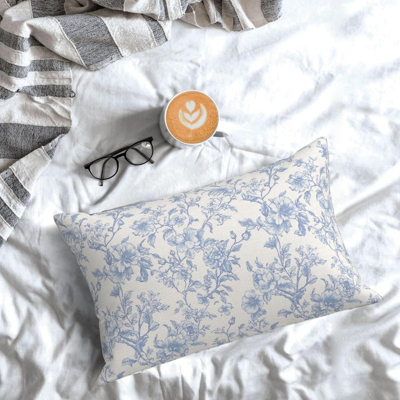 GOLIANDA Baby Blue Pillow Covers 12x20 Inch Set of 2 Blue and Cream Floral Chinoiserie Throw Pillows Vintage Rustic Toile Flower Decorative Pillowcase Outdoor Lumbar Cushion Case for Couch Sofa Decor - Image 4