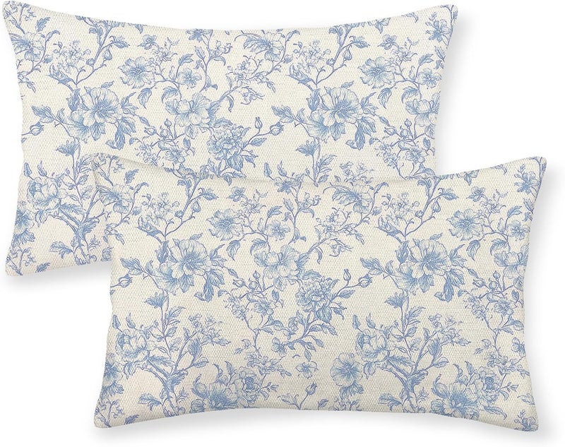 GOLIANDA Baby Blue Pillow Covers 12x20 Inch Set of 2 Blue and Cream Floral Chinoiserie Throw Pillows Vintage Rustic Toile Flower Decorative Pillowcase Outdoor Lumbar Cushion Case for Couch Sofa Decor - Image 1