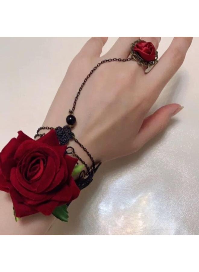 Generic Vintage Gothic Punk Hand Jewelry Fashion Wine Red Flower Lace Bracelet Red Rose Ring One-piece Wrist Band Bracelet 