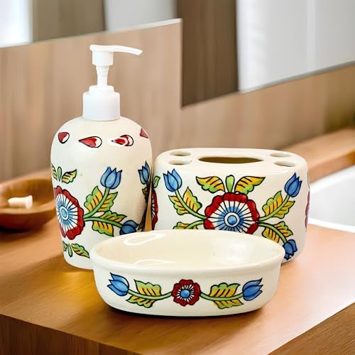 Kaolinite Ceramic Bathroom Accessories Set for Utility and Bathroom Decor | Liquid Soap Dispenser, soap Tray, Toothbrush Holder (Elegant Bathroom Set) (Multicolor) - Image 2