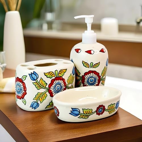 Kaolinite Ceramic Bathroom Accessories Set for Utility and Bathroom Decor | Liquid Soap Dispenser, soap Tray, Toothbrush Holder (Elegant Bathroom Set) (Multicolor) - Image 1