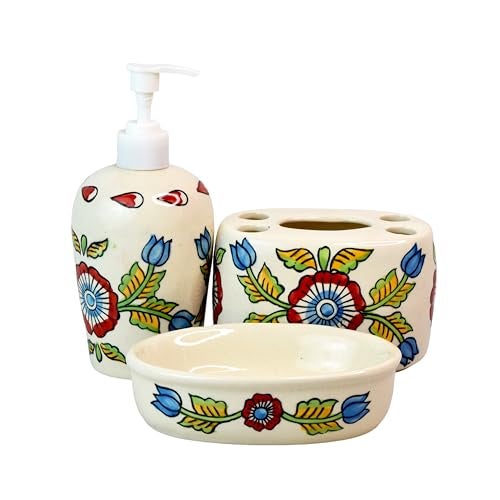 Kaolinite Ceramic Bathroom Accessories Set for Utility and Bathroom Decor | Liquid Soap Dispenser, soap Tray, Toothbrush Holder (Elegant Bathroom Set) (Multicolor) - Image 4