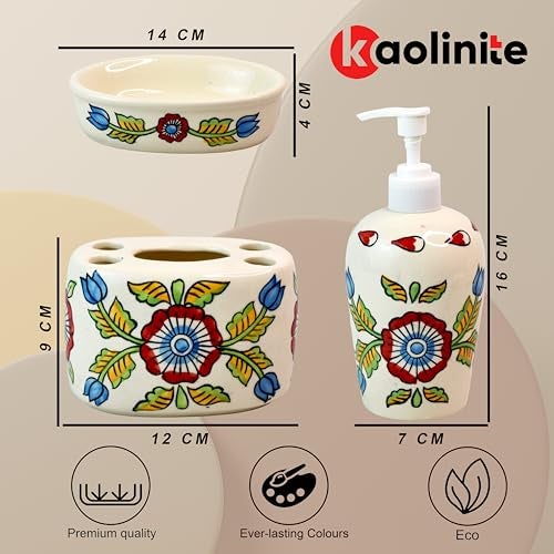 Kaolinite Ceramic Bathroom Accessories Set for Utility and Bathroom Decor | Liquid Soap Dispenser, soap Tray, Toothbrush Holder (Elegant Bathroom Set) (Multicolor) - Image 3