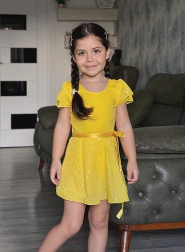EQSJIU Dance Leotard for Girls Shiny Yellow Leotards with Tie Skirt Ballet Dress For Girls 3t 4t 3-4t Ballerina Dress - Image 3
