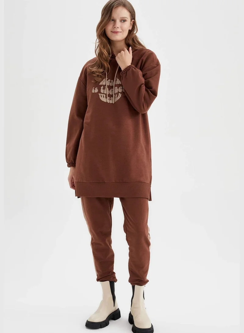 DeFacto Long Sleeve Text Print Longline Hoodie