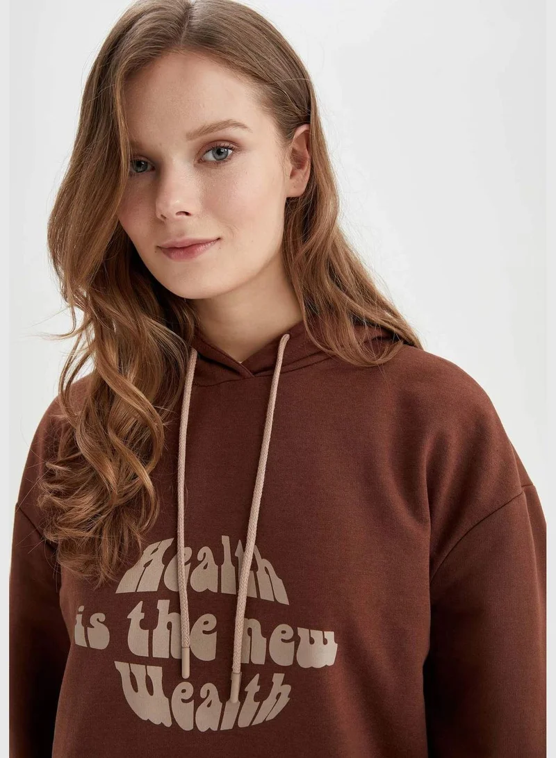 DeFacto Long Sleeve Text Print Longline Hoodie