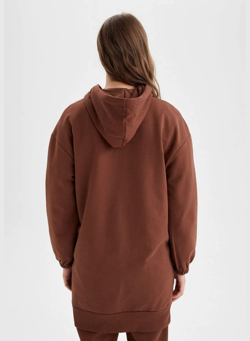 DeFacto Long Sleeve Text Print Longline Hoodie