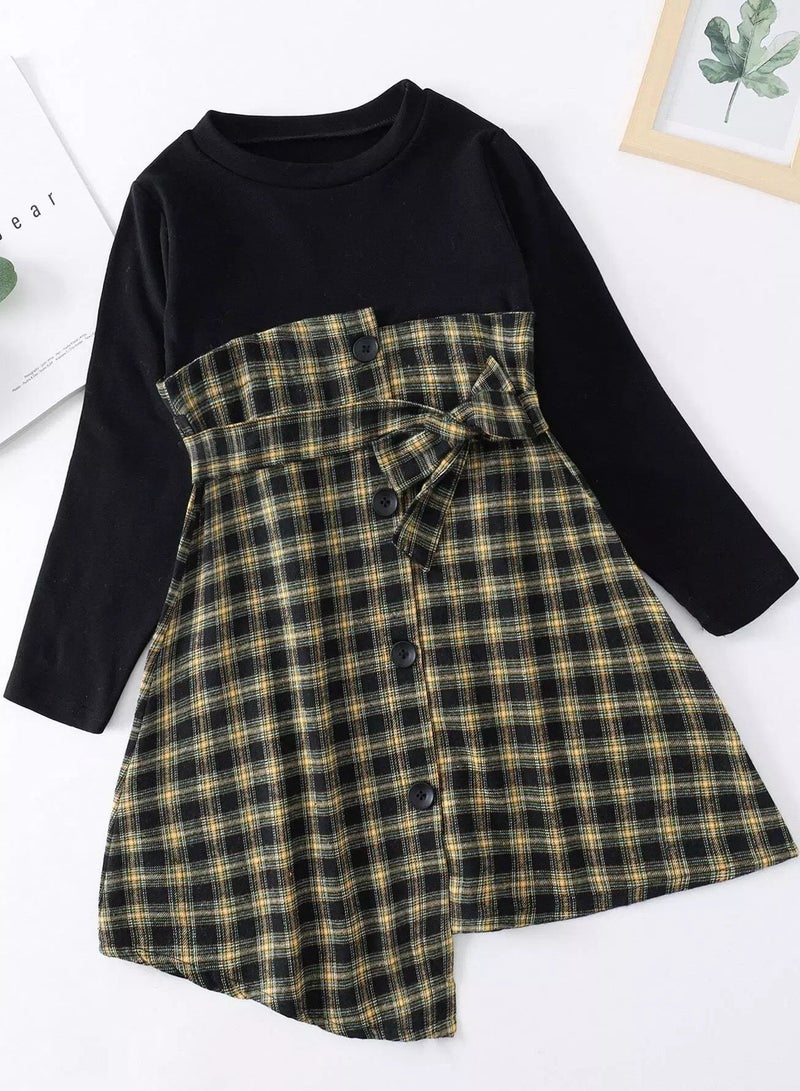 Girls Plaid Print Asymmetrical Hem Belted 2 In 1 Dress 