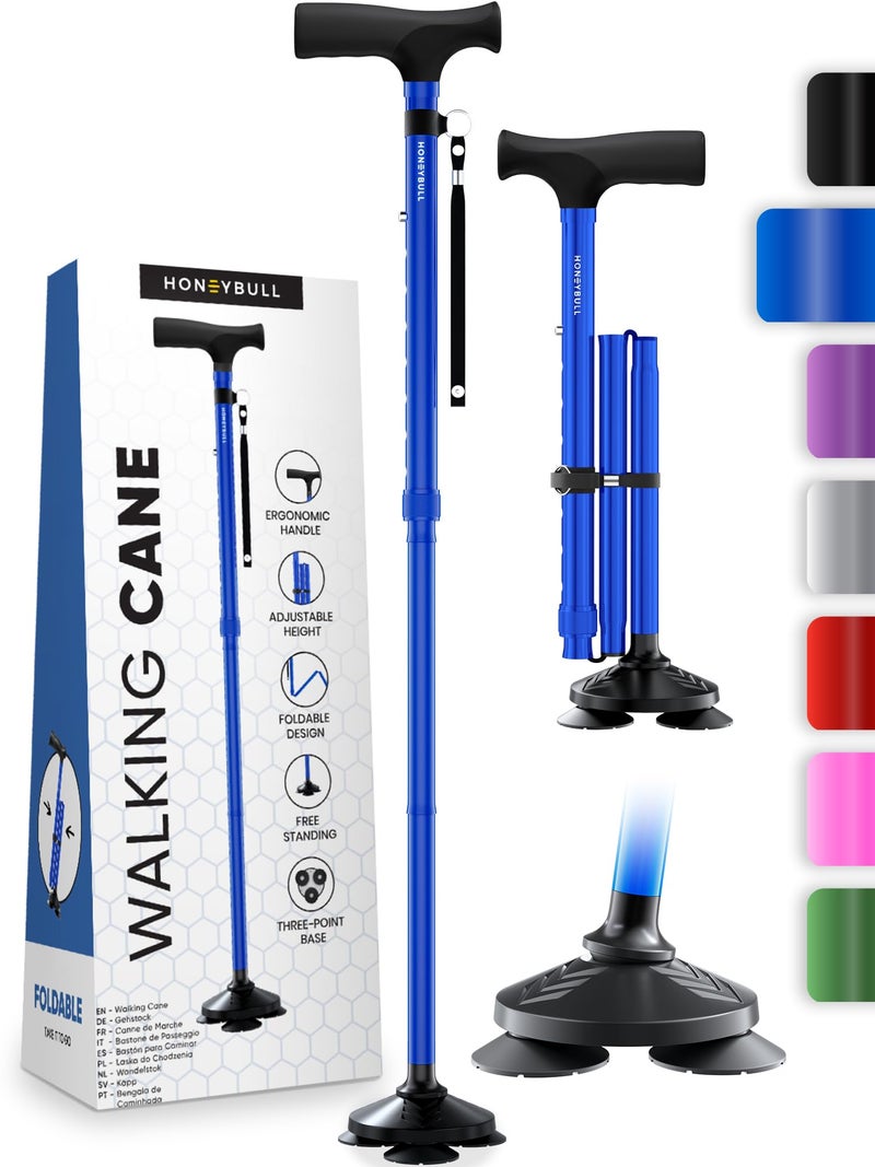 HONEYBULL HONEYBULL Walking Cane for Men Women Foldable Adjustable Collapsible Free Standing Cane Pivot Tip Heavy Duty Walking Sticks Folding Canes for Seniors Adults Blue