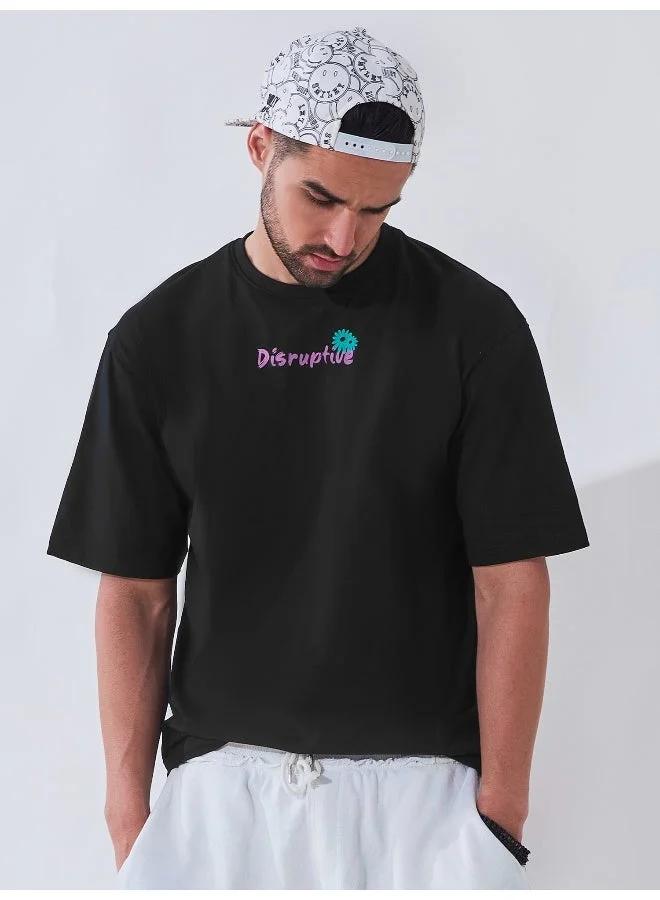 مانياك تيشيرت قطن أسود مطبوع بأكمام 3/4 مقاس كبير للرجال