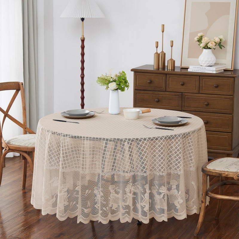 LinenZone 70 Inch Round Vintage Tablecloth. Each Lace Tablecloth Adds a Touch of Nostalgic Elegance to Your Farmhouse, Country, Shabby Chic or Rustic Table Decor. (Sherry Round 70, Linen) - Image 1