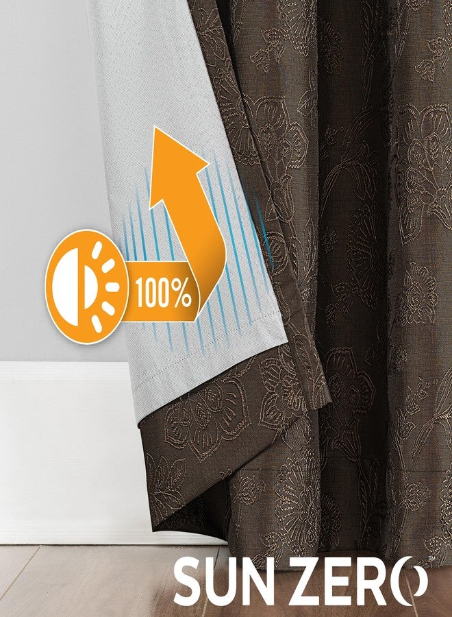 صن زيرو ستارة Sun Zero Brookhaven، عبوة من قطعتين، بتصميم زهور مطرزة ومطوية، تحجب الضوء بنسبة 100%، مزودة بحلقات خلفية، مقاس 50 بوصة × 84 بوصة، لون بني شوكولاتة - Image 5