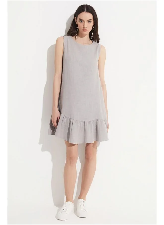 جون June Flounce Detailed 100% Linen Sleeveless Dress