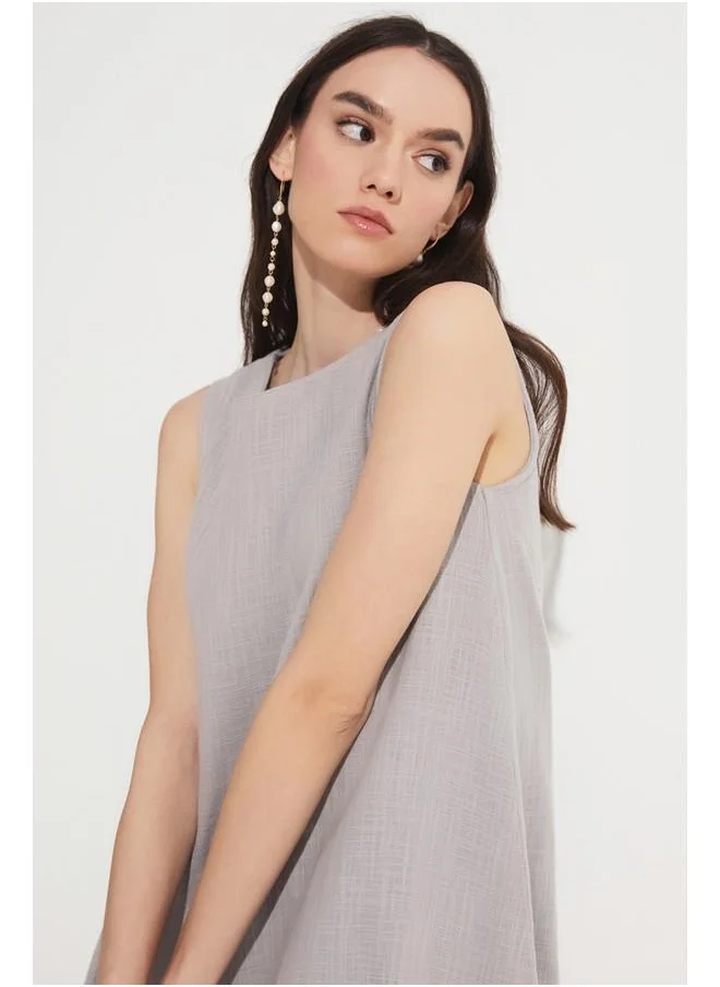 جون June Flounce Detailed 100% Linen Sleeveless Dress