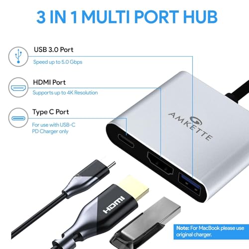 Amkette 3-in-1 Type C to HDMI Adapter, Multiport USB C to HDMI Adaptor with 4K@30Hz, USB 3.0 @ 5Gbps, 100W PD Charging Port for Laptop, MacBook, PC and Other Type C Devices - Image 2
