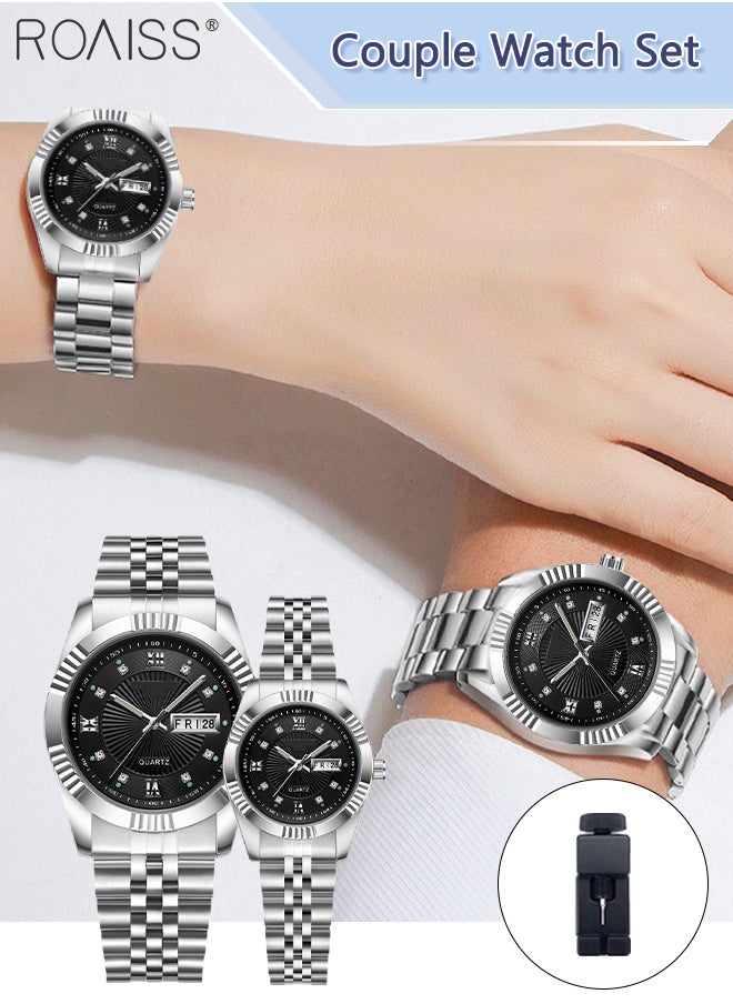 roaiss Stainless Steel Strap Couple Quartz Watch Set, Analog Display Round Dial with Rhinestones Decoration, Luxurious Luminous Waterproof Calendar Watch Gift for Men Women  - Image 1